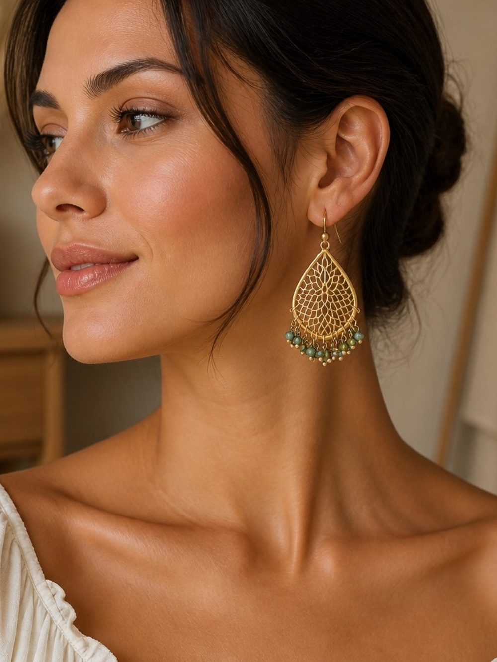 Teardrop Earrings with Green Bead Fringe - Picture 1 of 4
